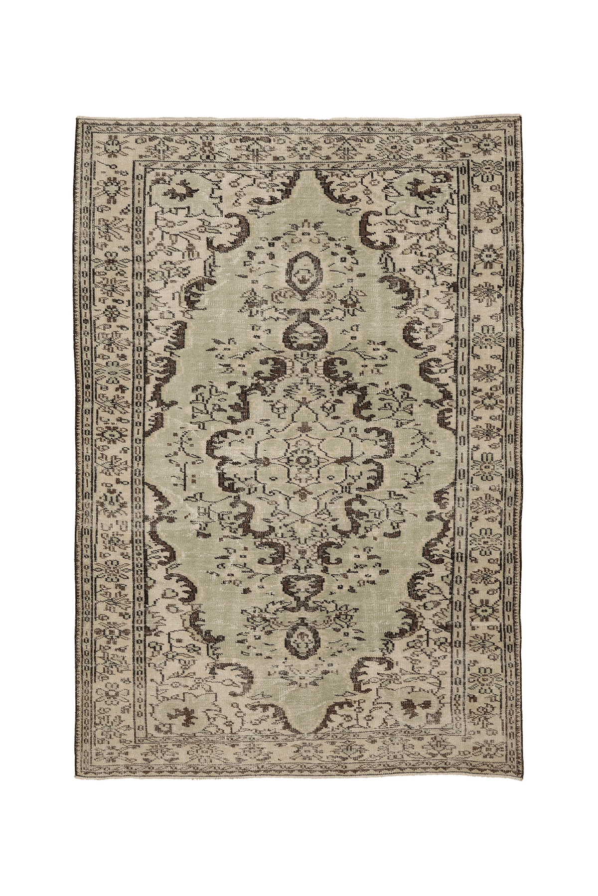 Vintage Isparta Turkish Area Rug 6x9 ft — Green & Beige Floral
