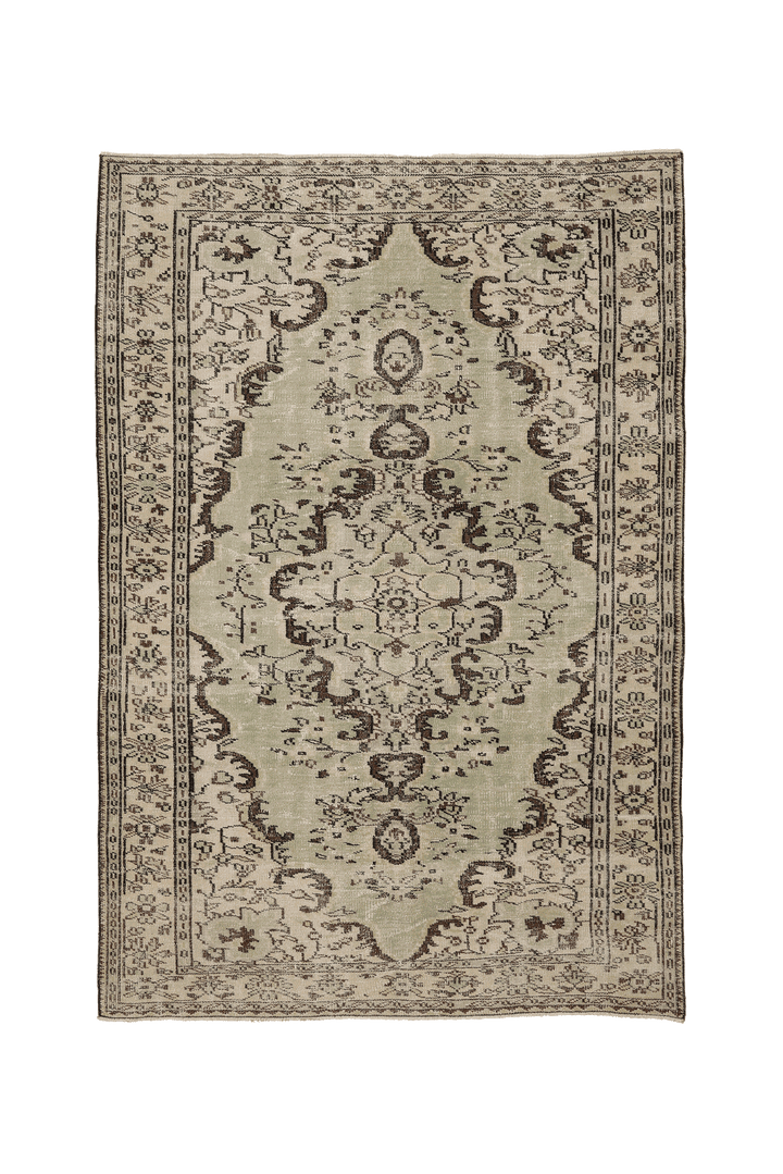 Vintage Isparta Turkish Area Rug 6x9 ft — Green & Beige Floral