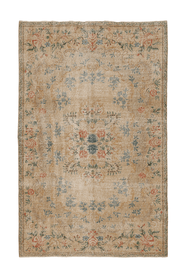 Vintage Isparta Turkish Area Rug 5x9 ft — Beige & Brown Floral