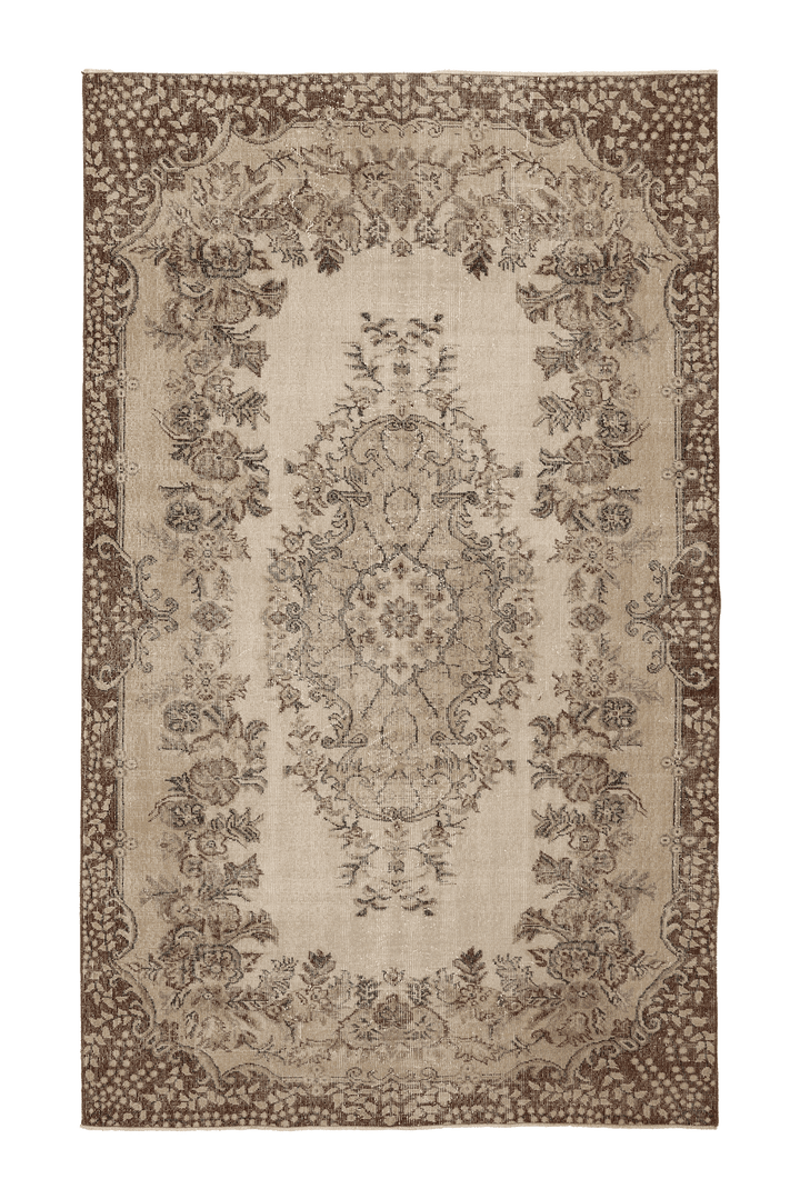 Vintage Isparta Turkish Area Rug 6x9 ft — Beige & Brown Floral