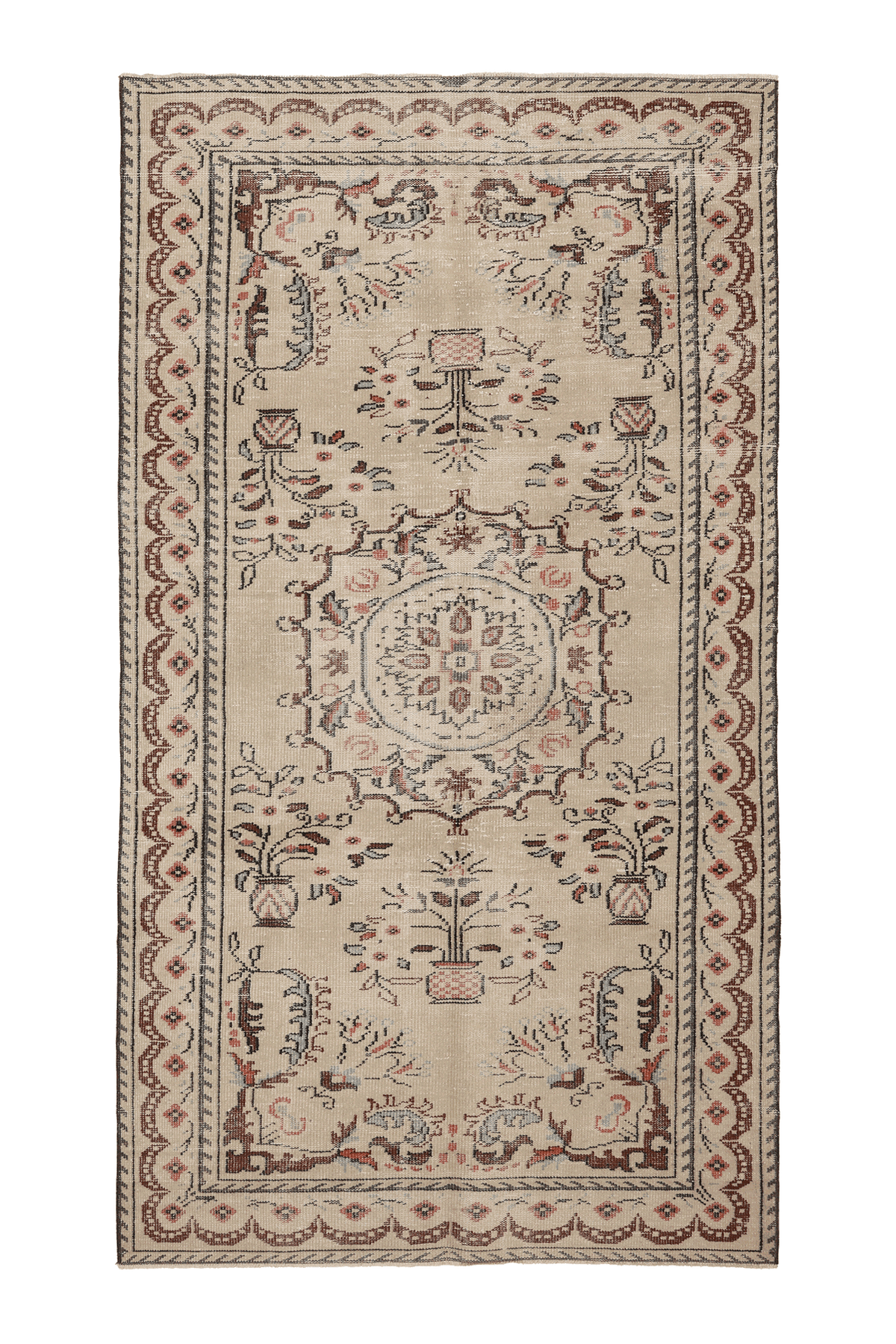 Vintage Isparta Turkish Area Rug 5x9 ft — Beige & Brown Floral
