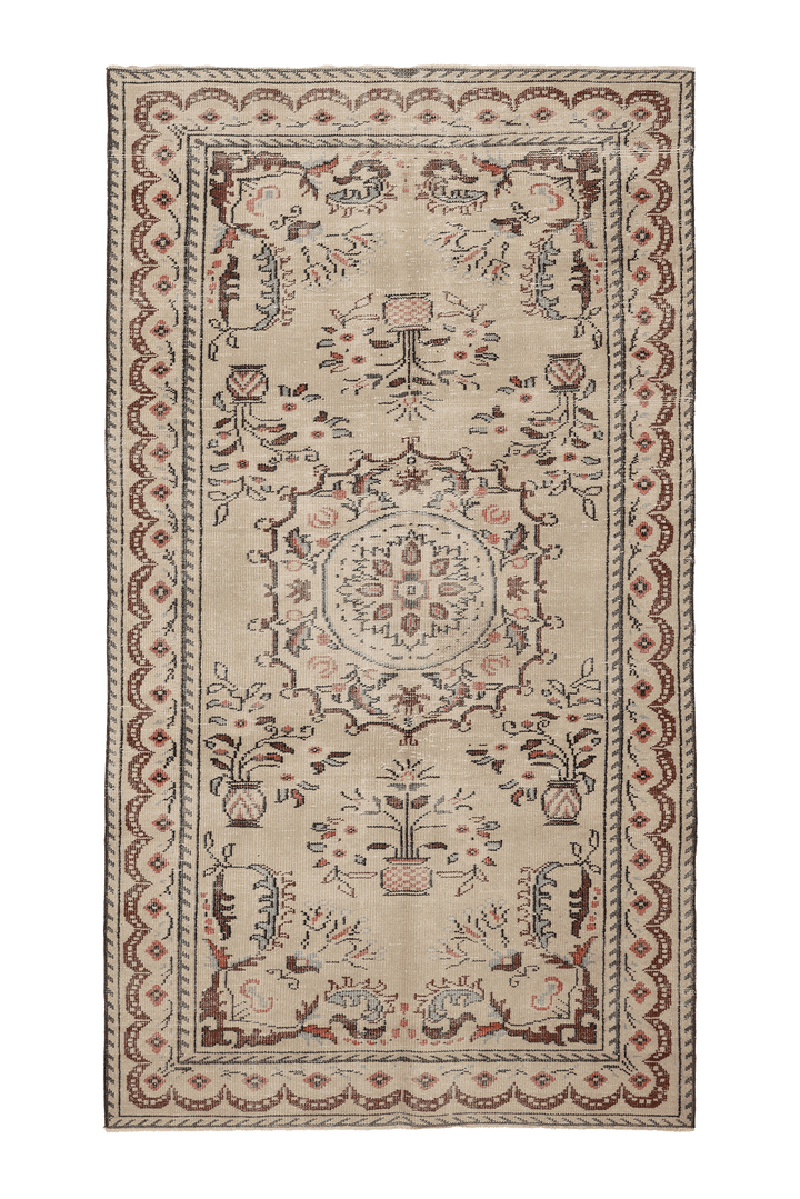 Vintage Isparta Turkish Area Rug 5x9 ft — Beige & Brown Floral