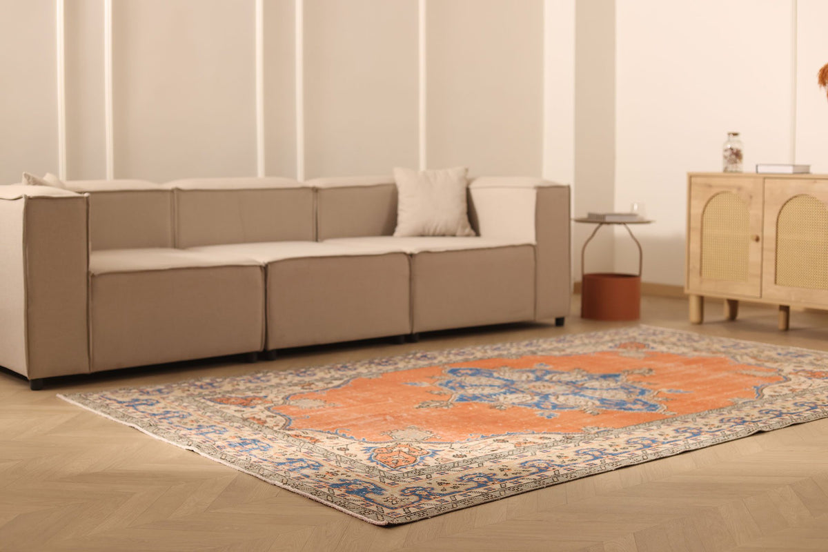 Vintage Isparta Turkish Area Rug 6x10 ft — Orange & Blue Floral