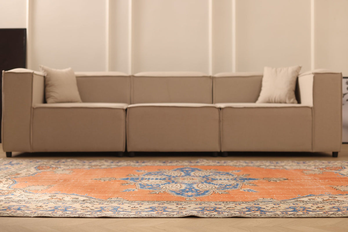 Vintage Isparta Turkish Area Rug 6x10 ft — Orange & Blue Floral