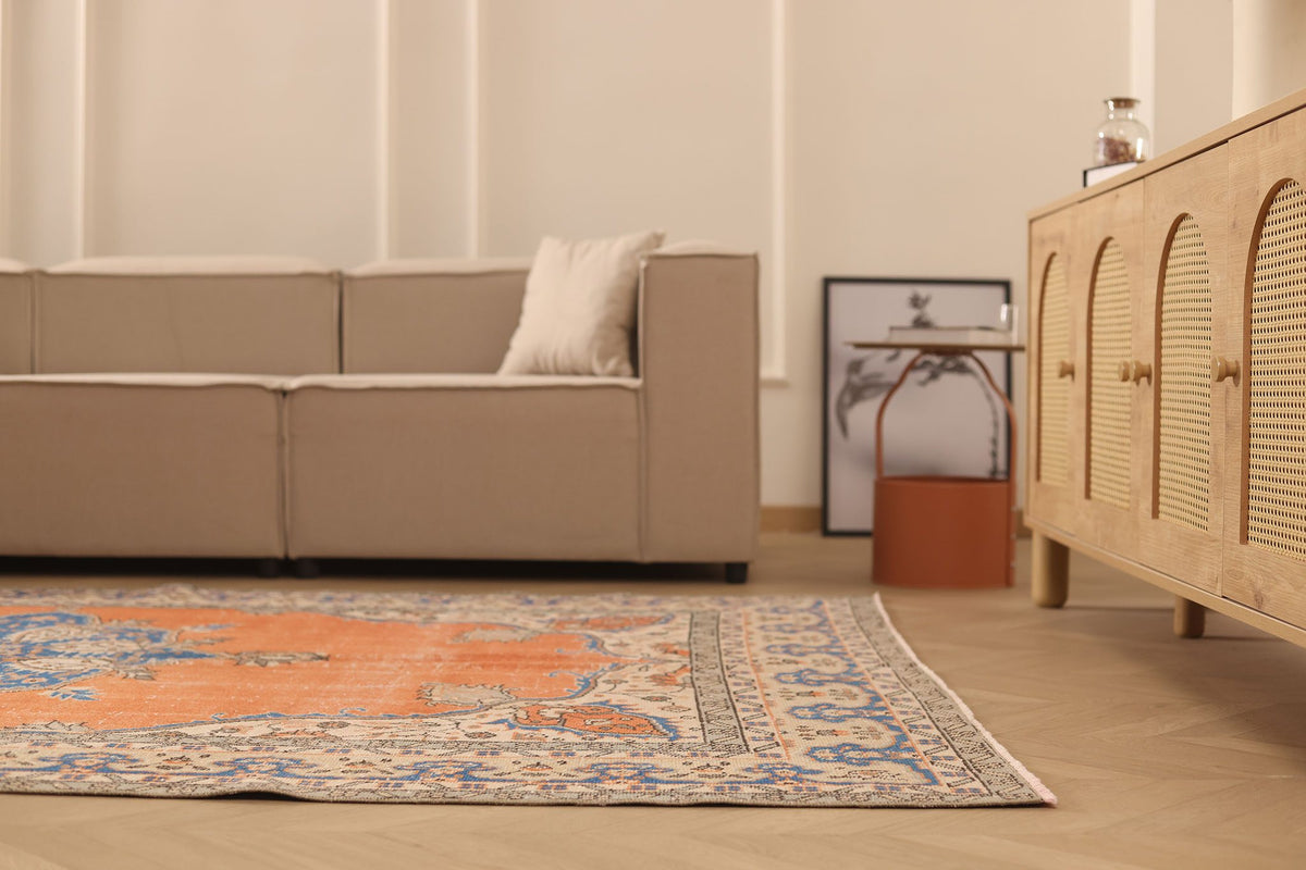 Vintage Isparta Turkish Area Rug 6x10 ft — Orange & Blue Floral