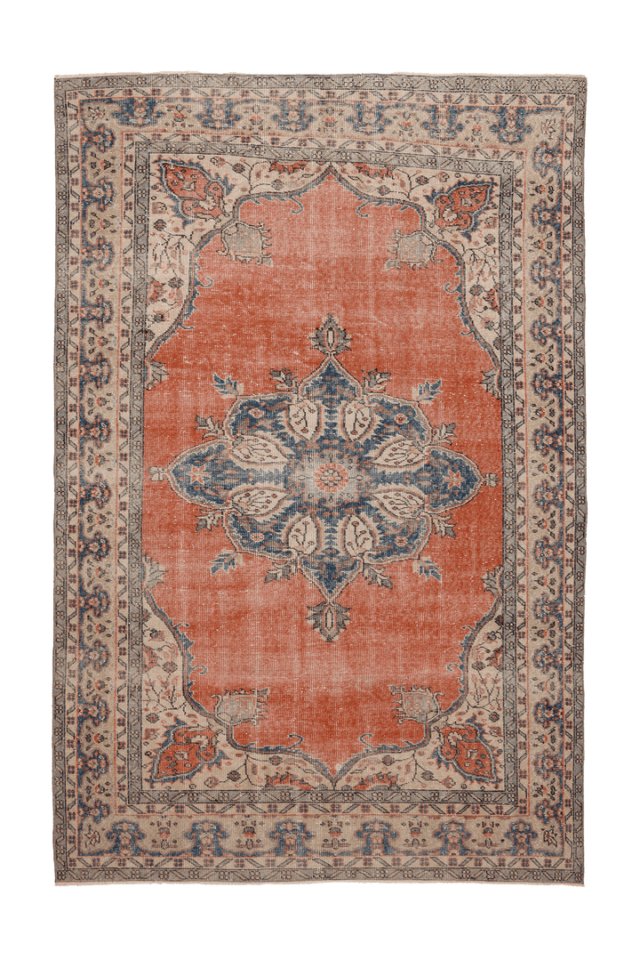 Vintage Isparta Turkish Area Rug 6x10 ft — Orange & Blue Floral