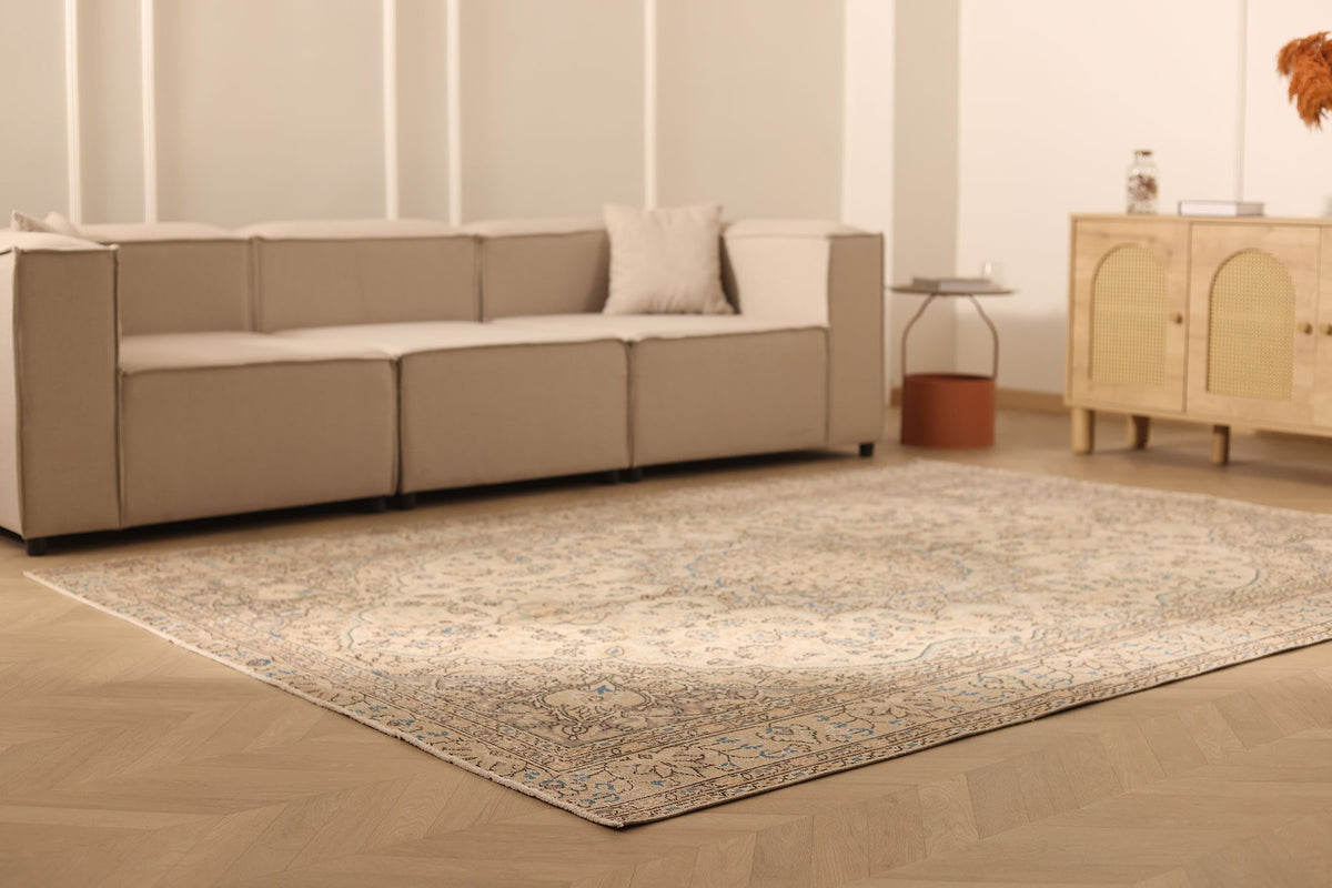 Vintage Isparta Turkish Area Rug 7x9 ft — Beige & Brown Floral