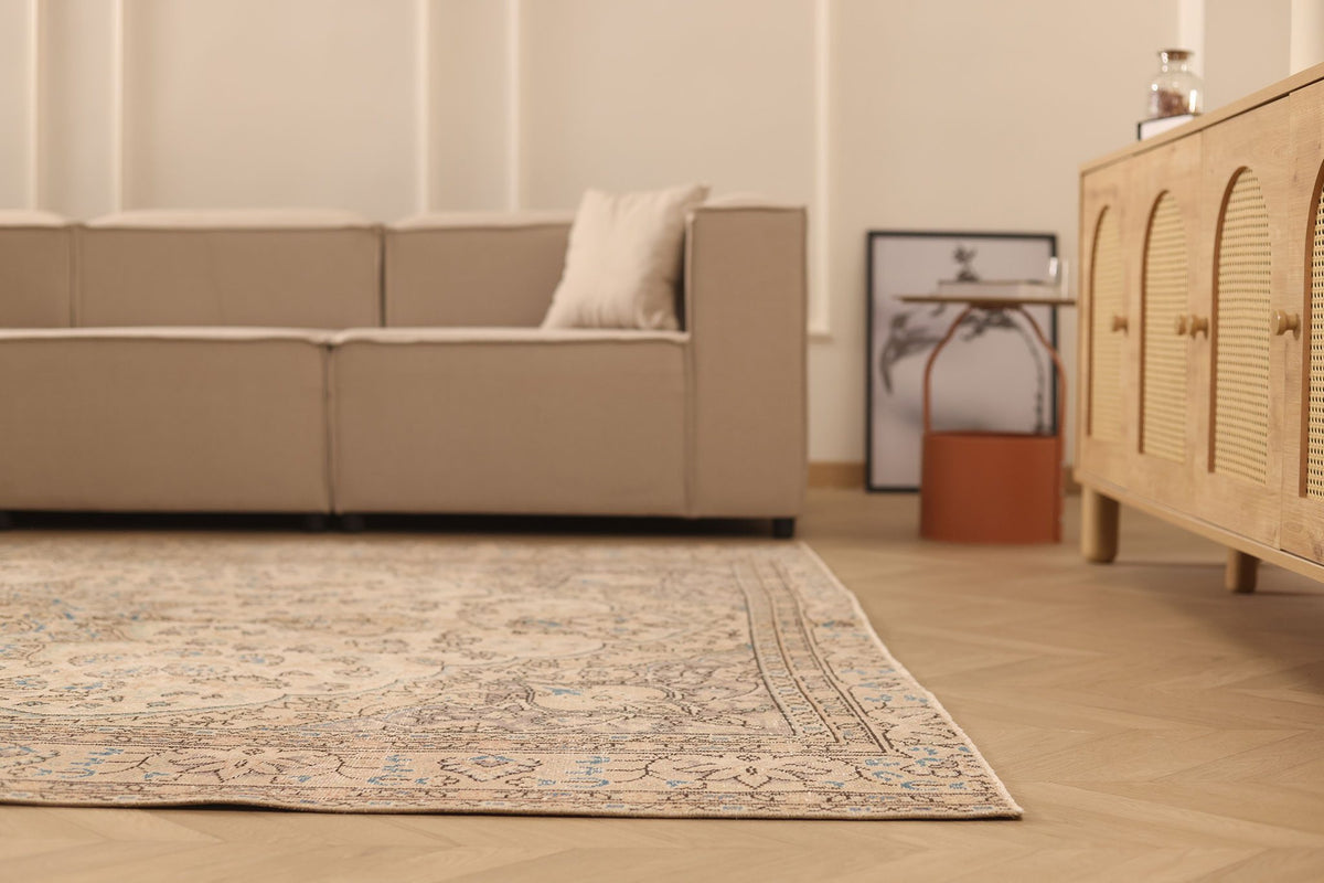 Vintage Isparta Turkish Area Rug 7x9 ft — Beige & Brown Floral