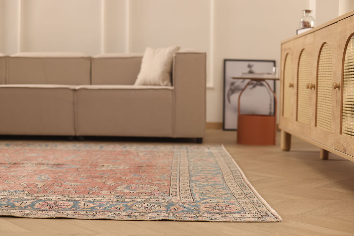 Vintage Isparta Turkish Area Rug 7x11 ft — Red & Blue Floral