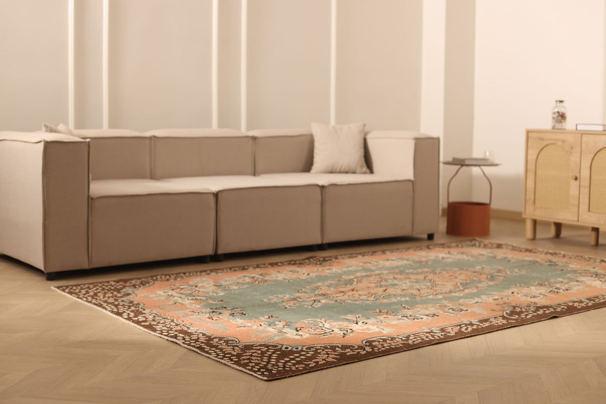 Vintage Isparta Turkish Area Rug 6x10 ft — Green & Orange Floral