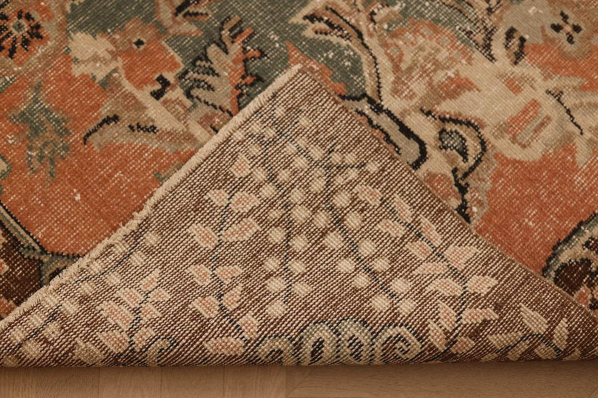 Vintage Isparta Turkish Area Rug 6x10 ft — Green & Orange Floral