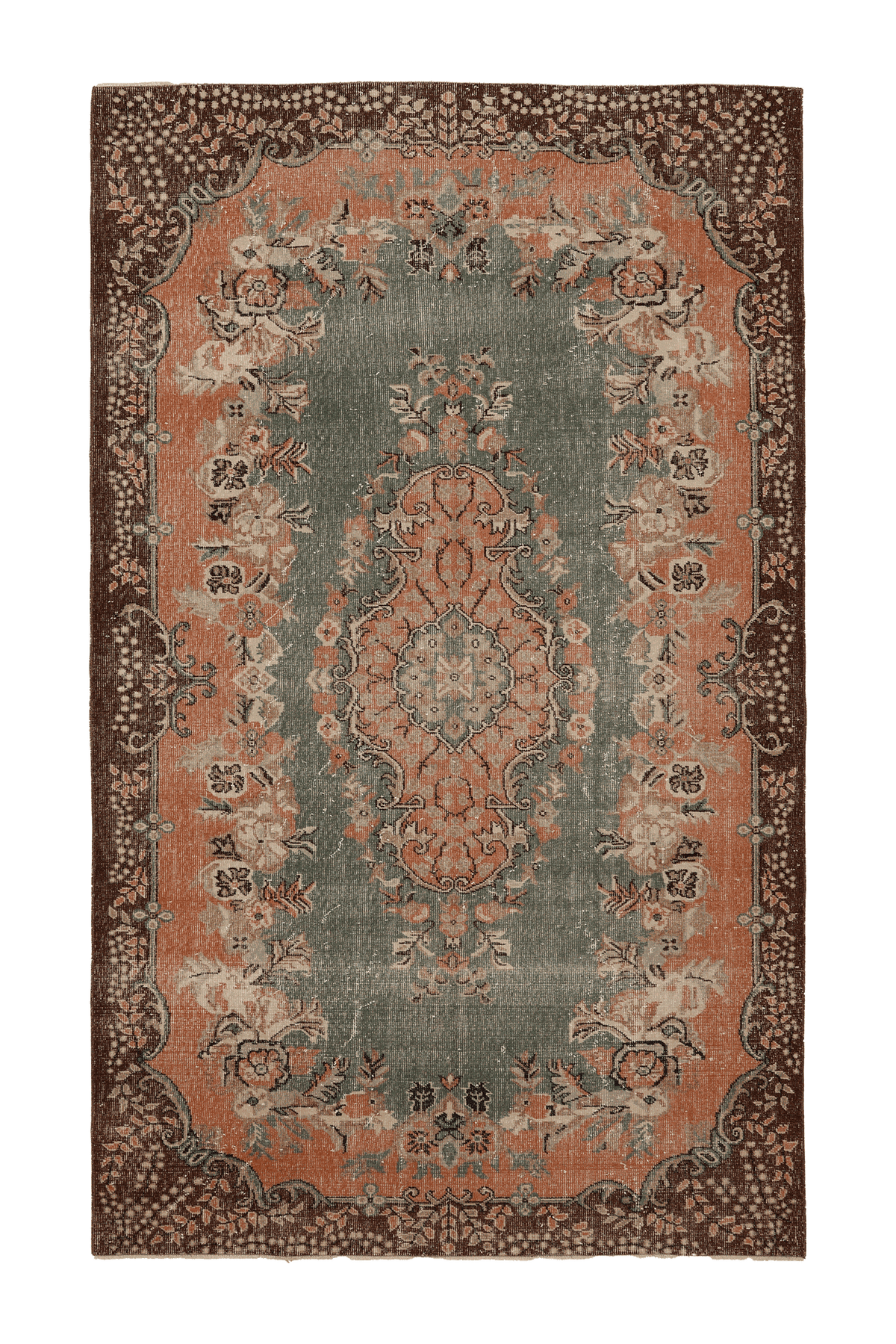 Vintage Isparta Turkish Area Rug 6x10 ft — Green & Orange Floral