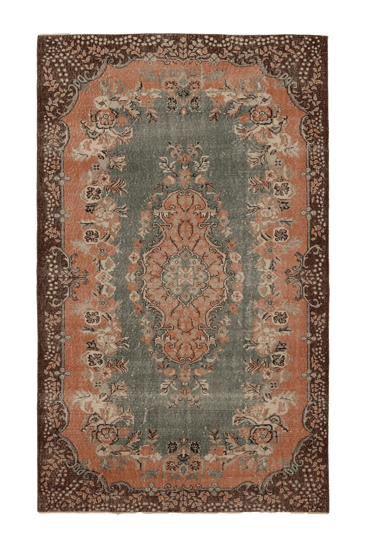 Vintage Isparta Turkish Area Rug 6x10 ft — Green & Orange Floral