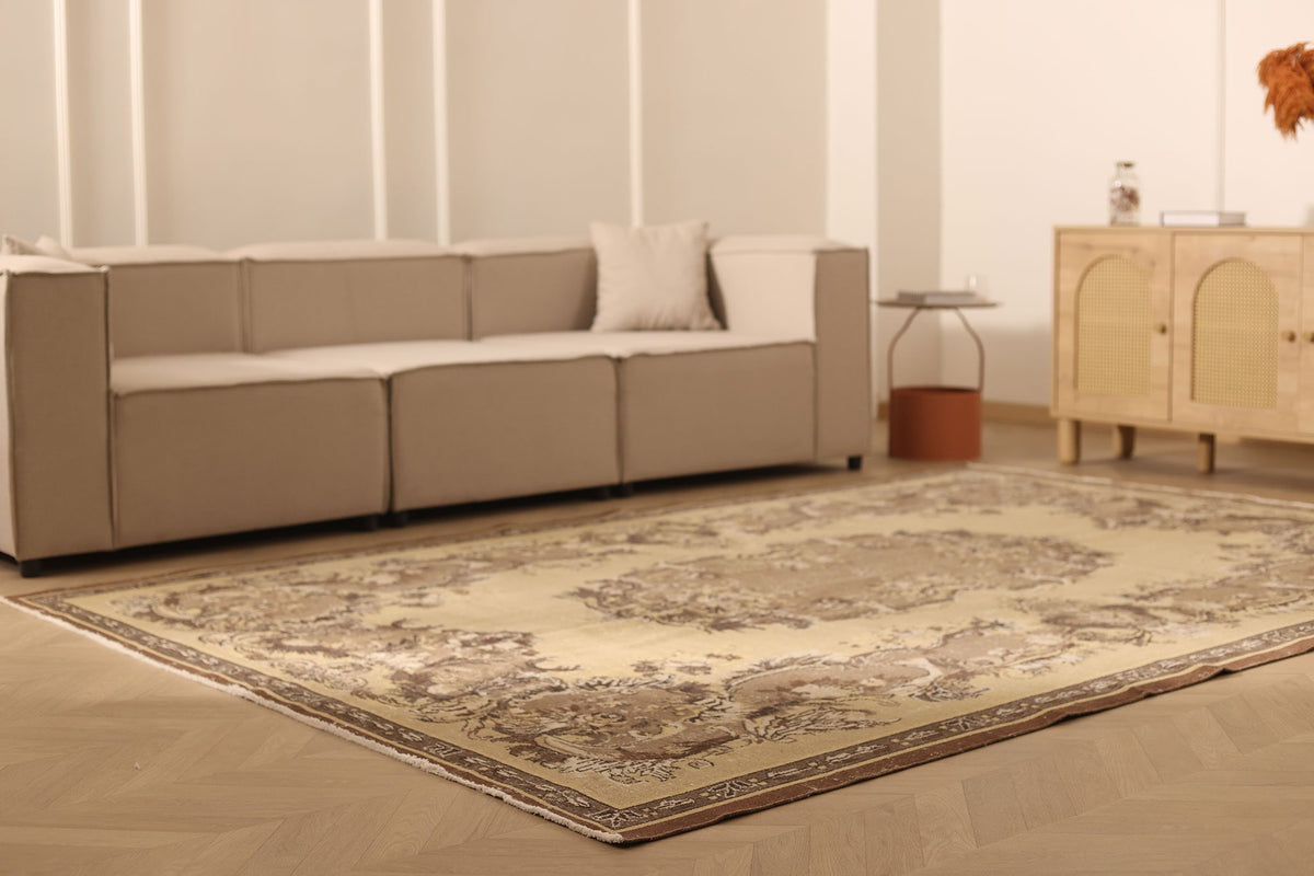Vintage Isparta Turkish Area Rug 7x10 ft — Beige & Brown Floral