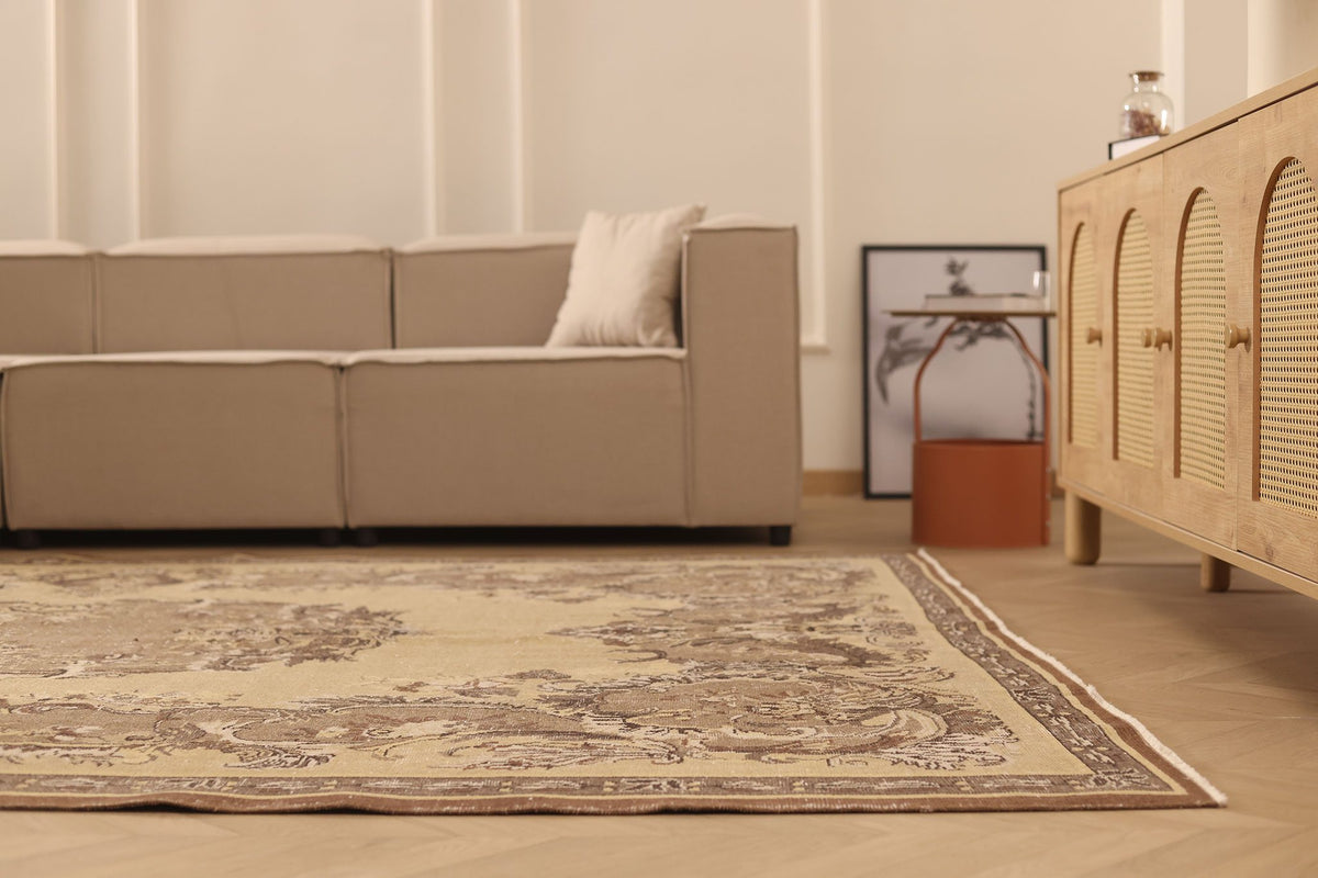 Vintage Isparta Turkish Area Rug 7x10 ft — Beige & Brown Floral