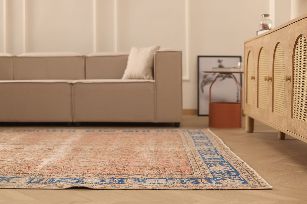 Vintage Isparta Turkish Area Rug 7x10 ft — Orange & Blue Floral