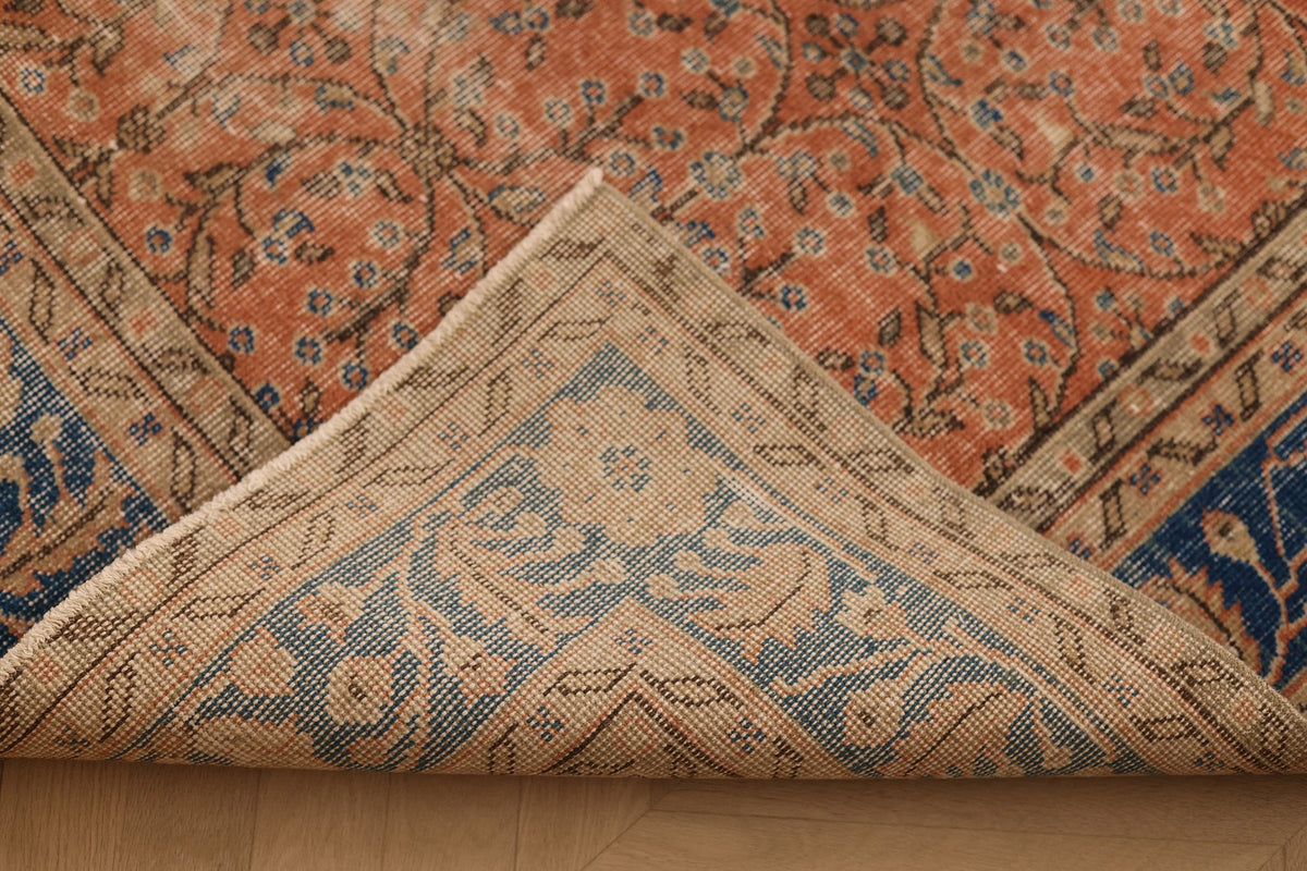 Vintage Isparta Turkish Area Rug 7x10 ft — Orange & Blue Floral