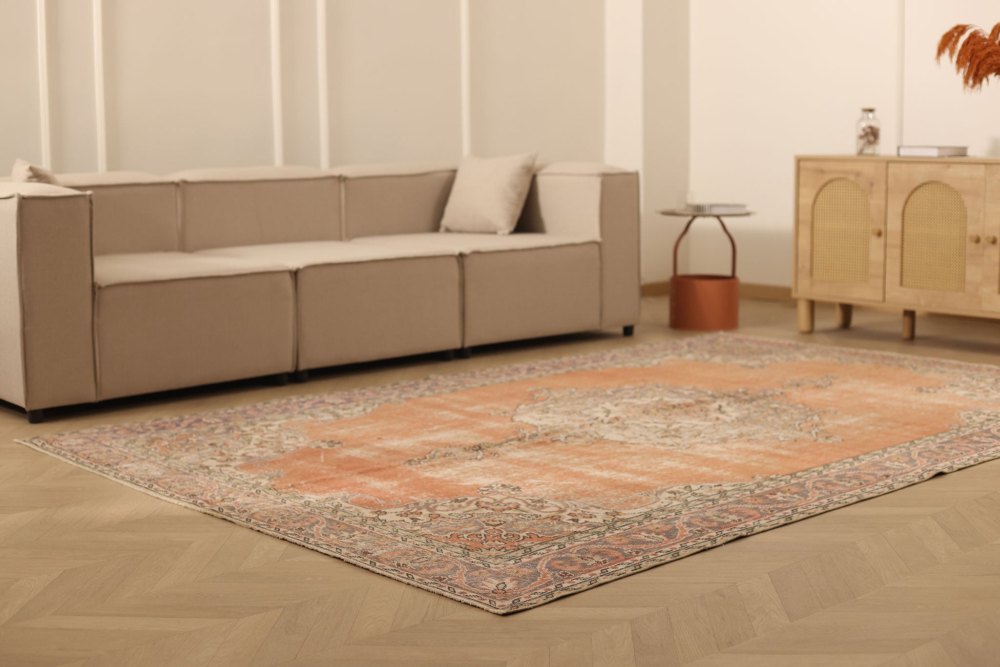 Vintage Isparta Turkish Area Rug 6x10 ft — Orange & Beige Floral (No. 59268)