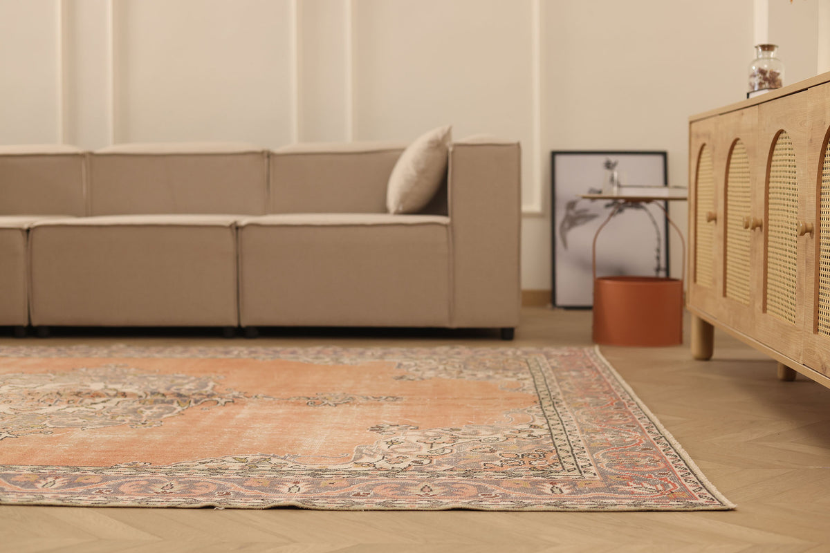 Vintage Isparta Turkish Area Rug 6x10 ft — Orange & Beige Floral (No. 59268)