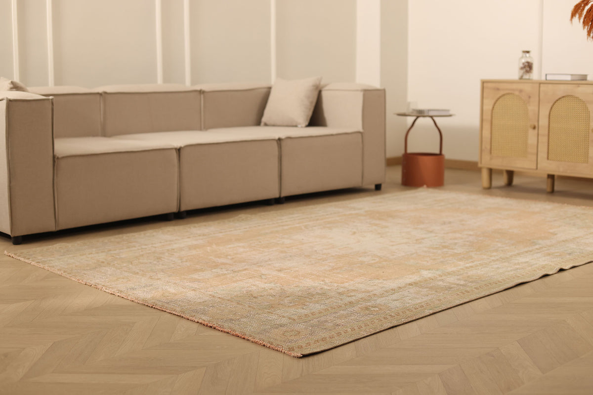 Vintage Manisa Turkish Area Rug 6x10 ft — Beige & Orange Floral