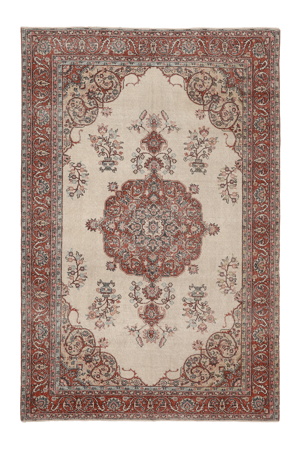 Vintage Isparta Turkish Area Rug 6x9 ft — Beige & Red Floral