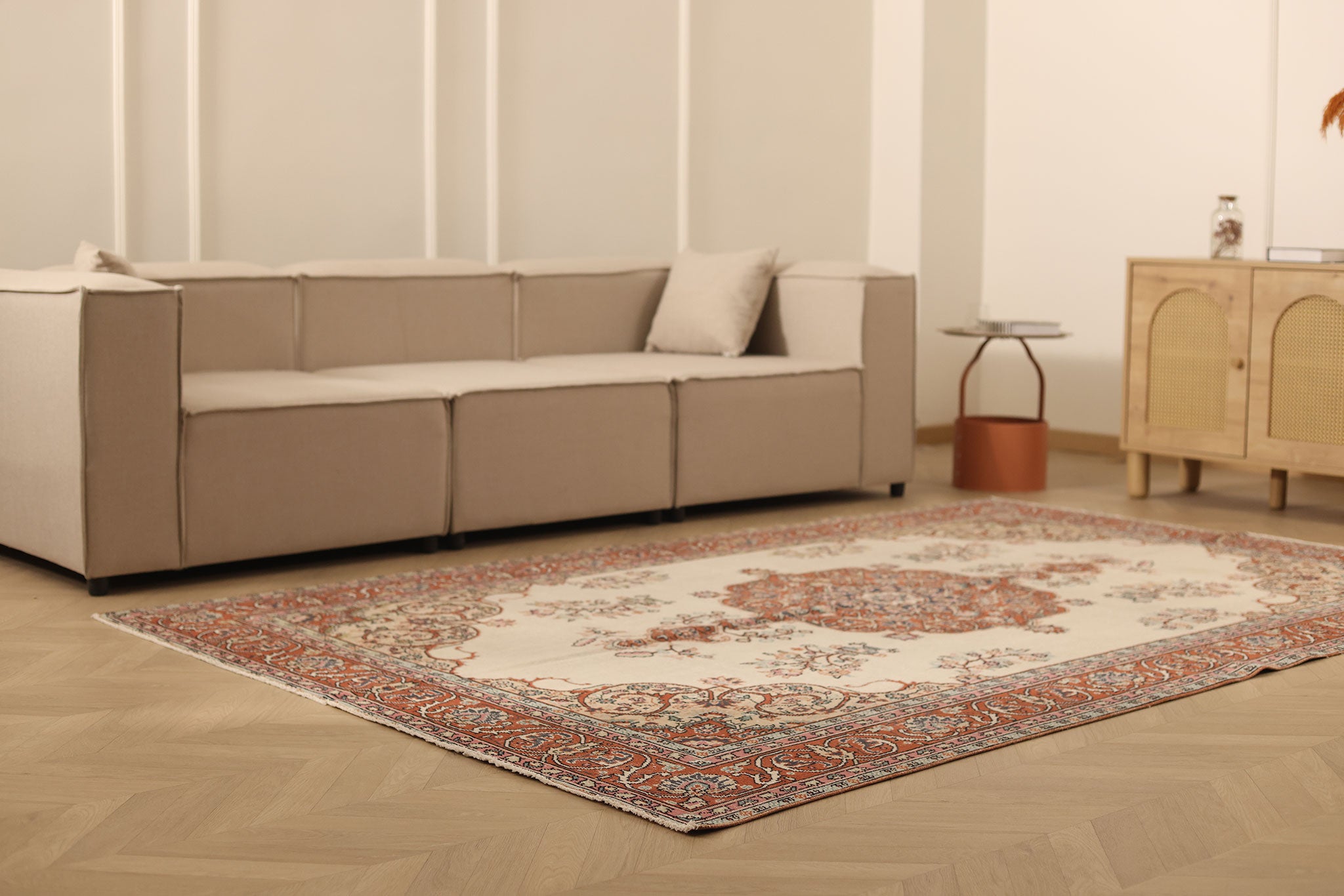 Vintage Isparta Turkish Area Rug 6x9 ft — Beige & Red Floral