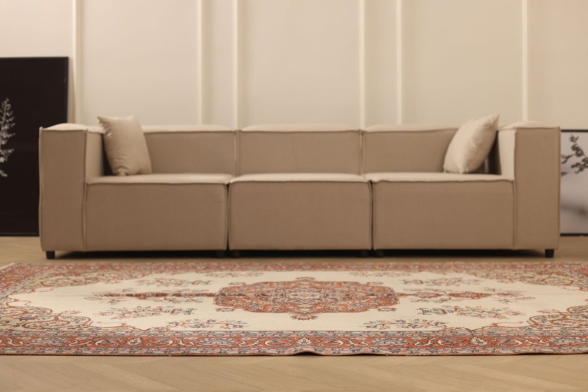 Vintage Isparta Turkish Area Rug 6x9 ft — Beige & Red Floral