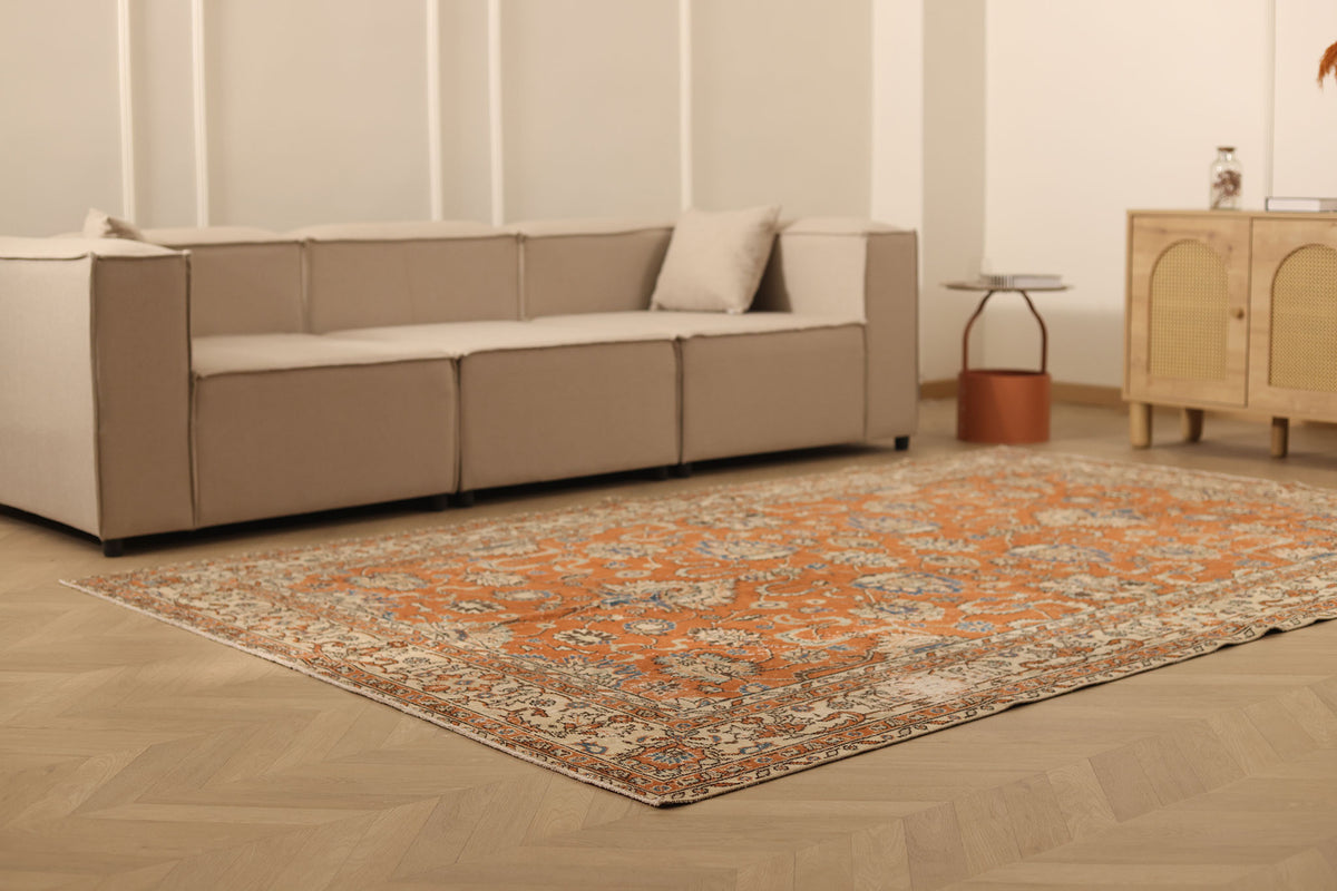 Vintage Isparta Turkish Area Rug 6x10 ft — Orange & Beige Floral (No. 59289)