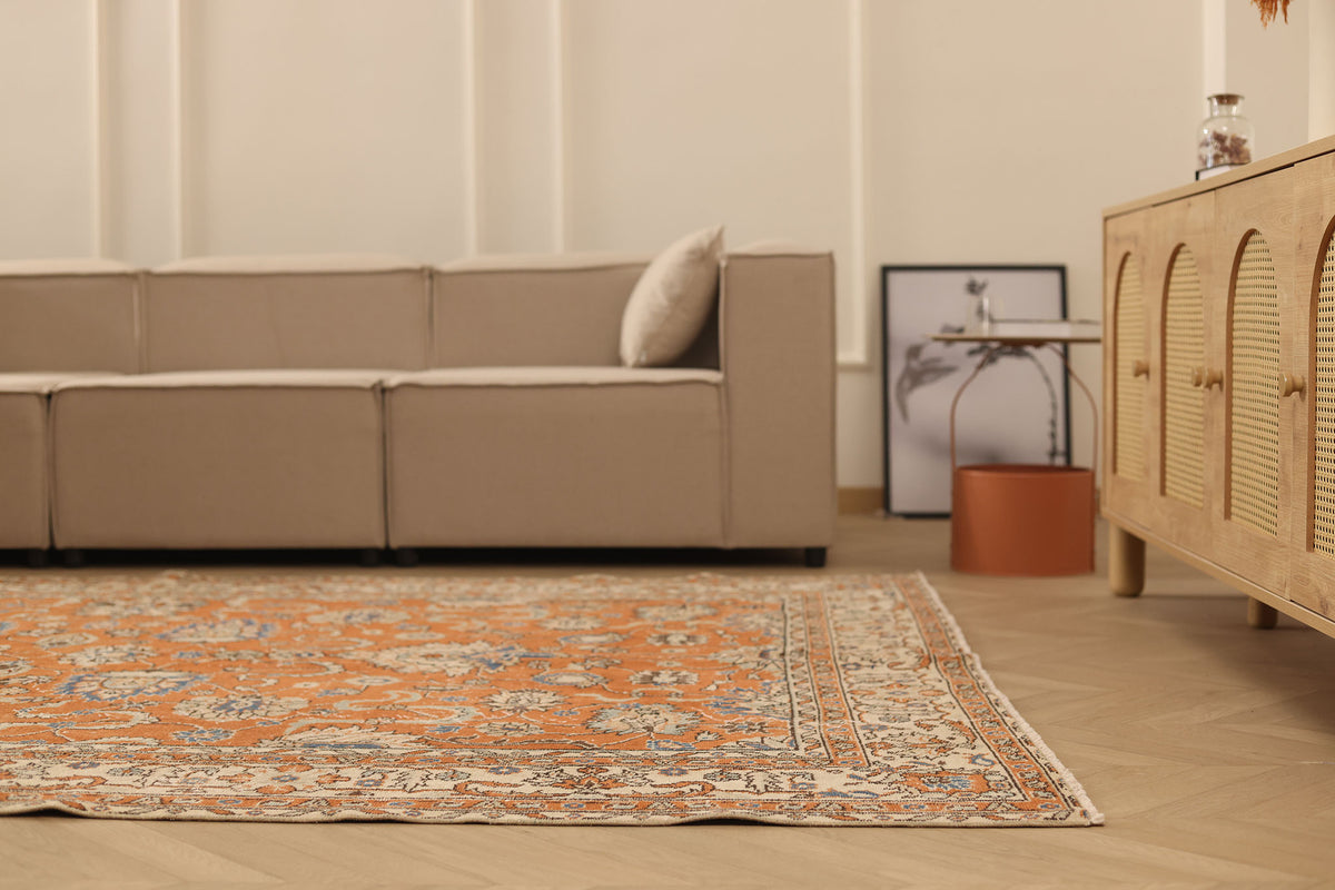 Vintage Isparta Turkish Area Rug 6x10 ft — Orange & Beige Floral (No. 59289)