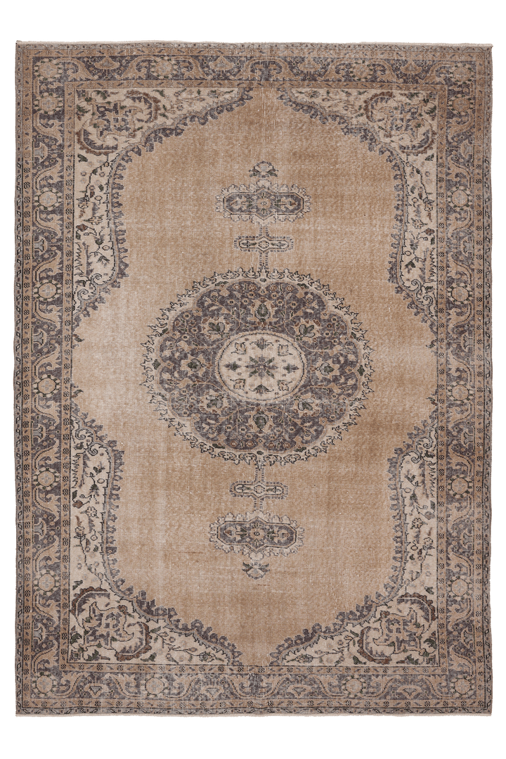 Vintage Isparta Turkish Area Rug 6x9 ft — Beige & Brown Floral (No. 59291)