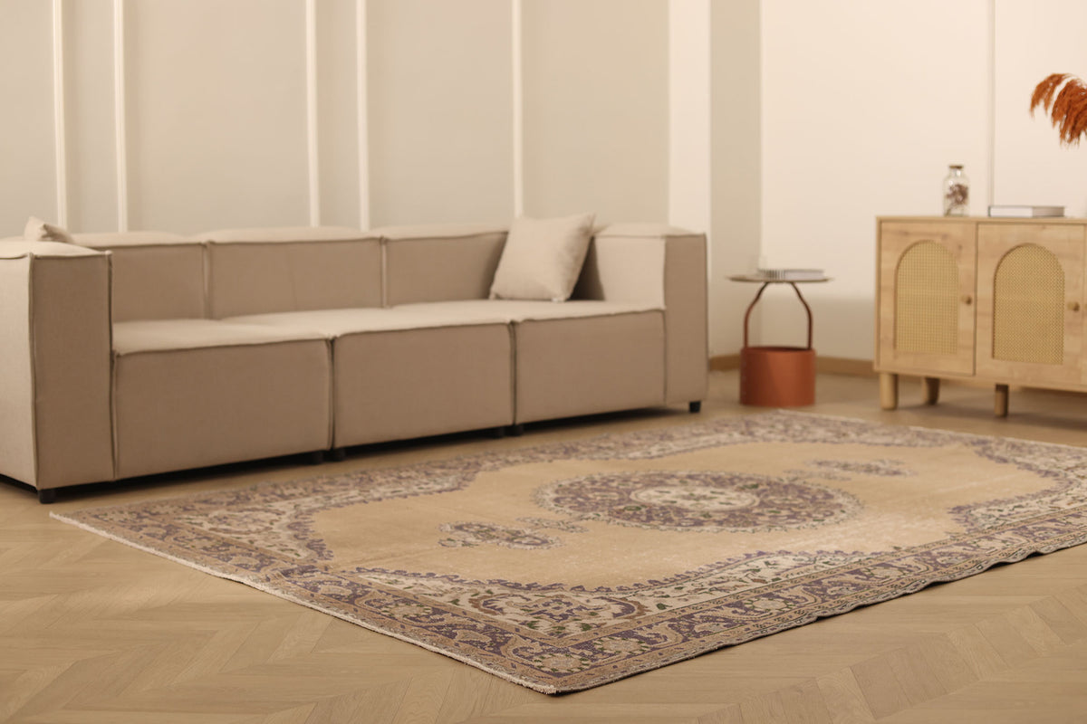 Vintage Isparta Turkish Area Rug 6x9 ft — Beige & Brown Floral (No. 59291)