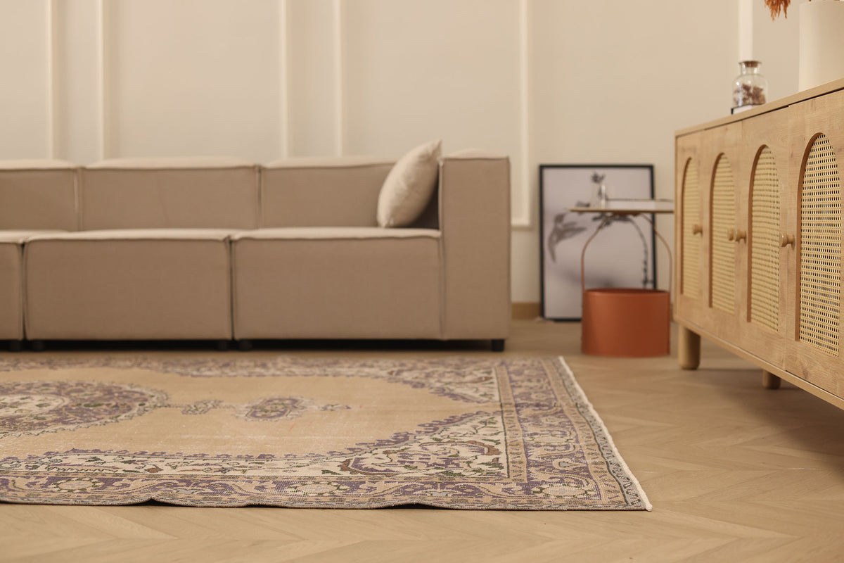 Vintage Isparta Turkish Area Rug 6x9 ft — Beige & Brown Floral (No. 59291)
