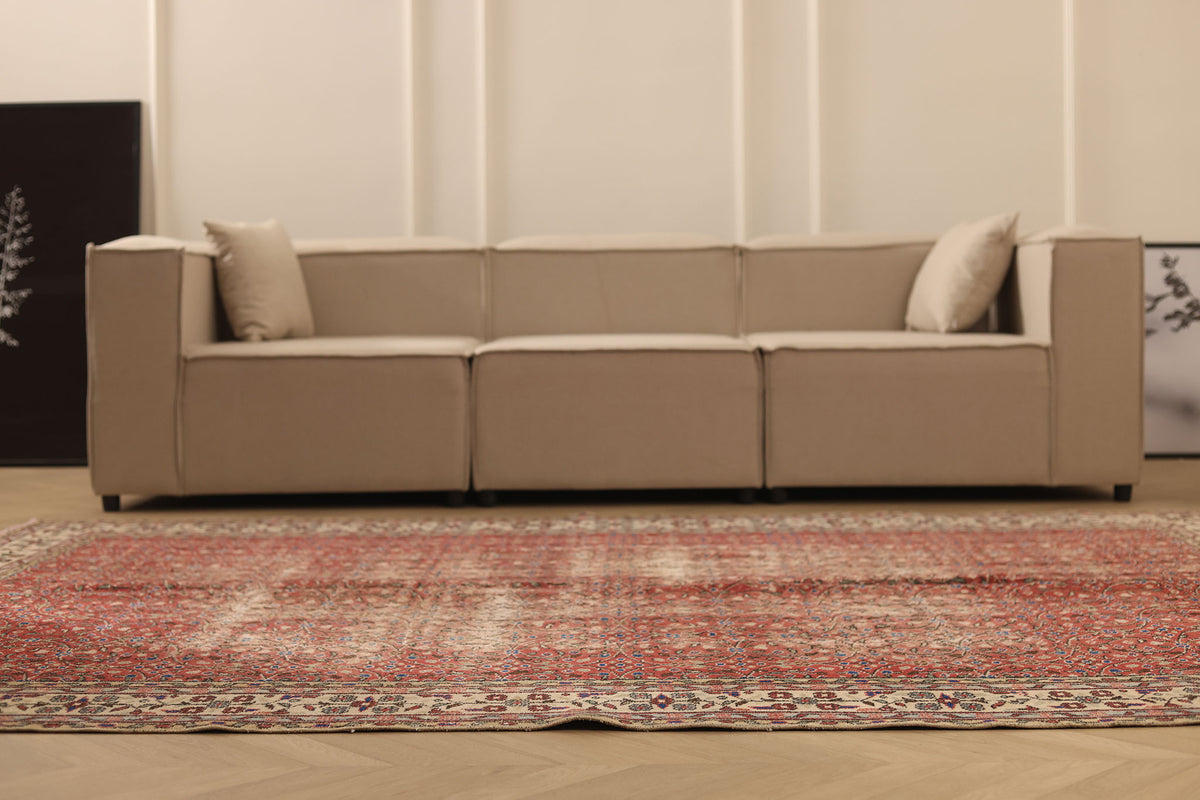 Vintage Isparta Turkish Area Rug 6x9 ft — Red & Beige Floral