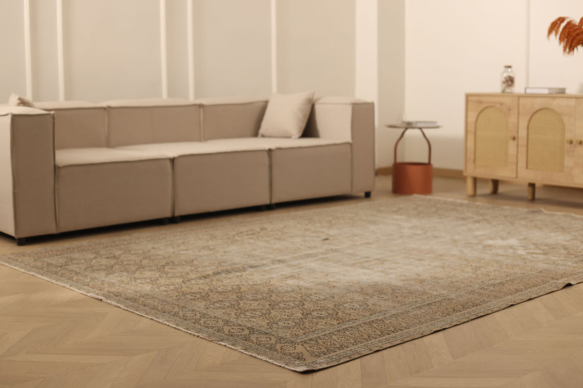 Vintage Manisa Turkish Area Rug 7x10 ft — Gray & Brown Geometric