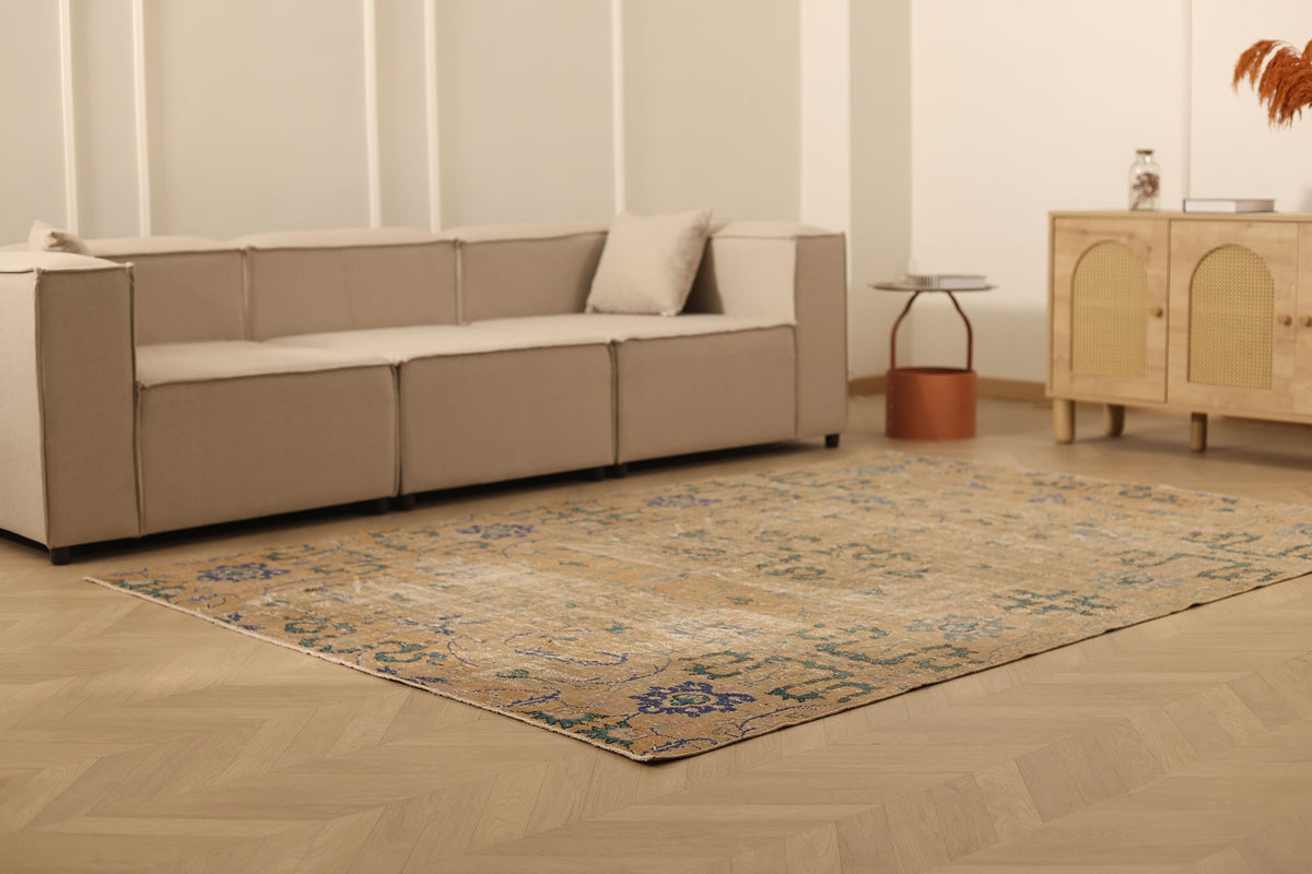 Vintage Manisa Turkish Area Rug 6x8 ft — Brown & Blue Distressed