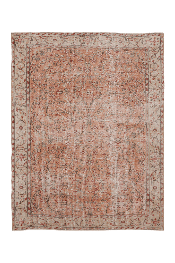 Vintage Manisa Turkish Area Rug 6x8 ft — Orange & Beige Floral