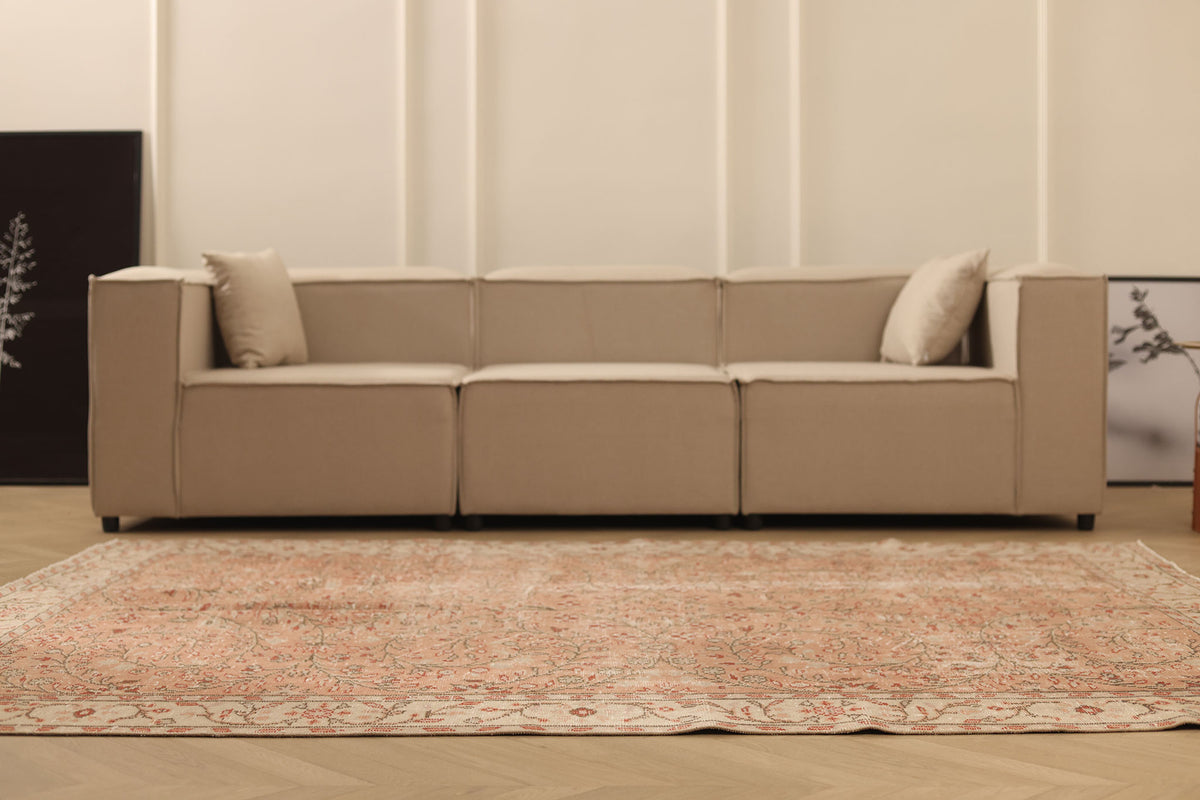 Vintage Manisa Turkish Area Rug 6x8 ft — Orange & Beige Floral