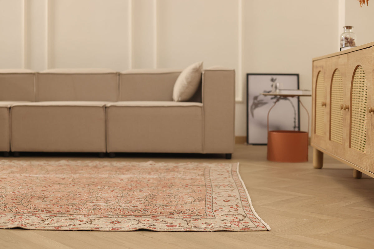 Vintage Manisa Turkish Area Rug 6x8 ft — Orange & Beige Floral