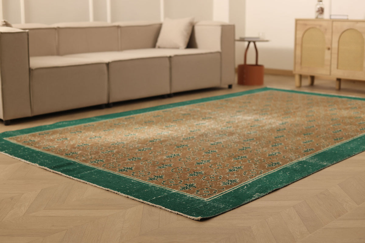 Vintage Isparta Turkish Area Rug 6x11 ft — Green & Brown Floral