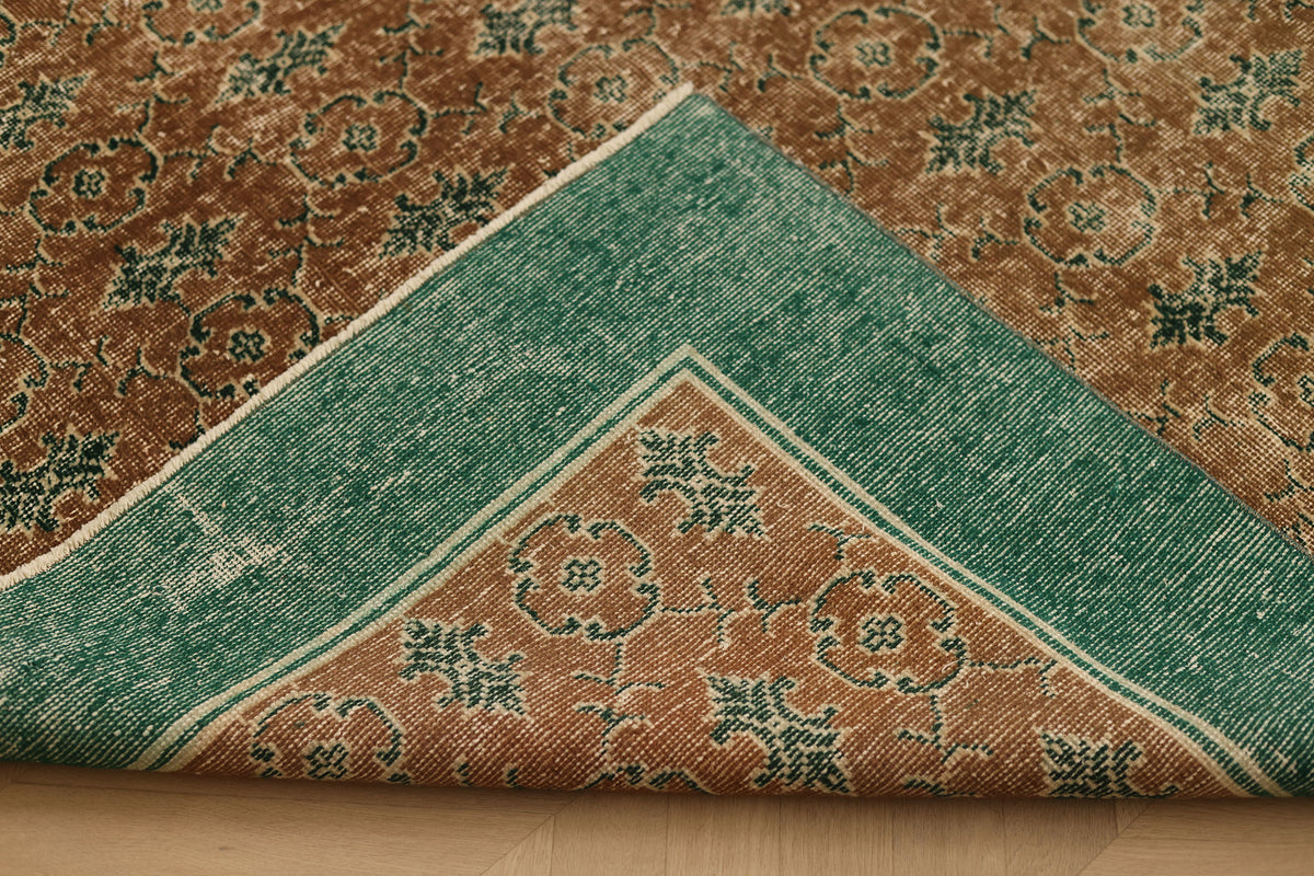 Vintage Isparta Turkish Area Rug 6x11 ft — Green & Brown Floral
