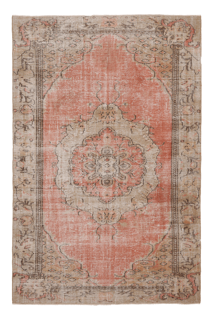 Vintage Manisa Turkish Area Rug 6x9 ft — Pink & Beige Floral