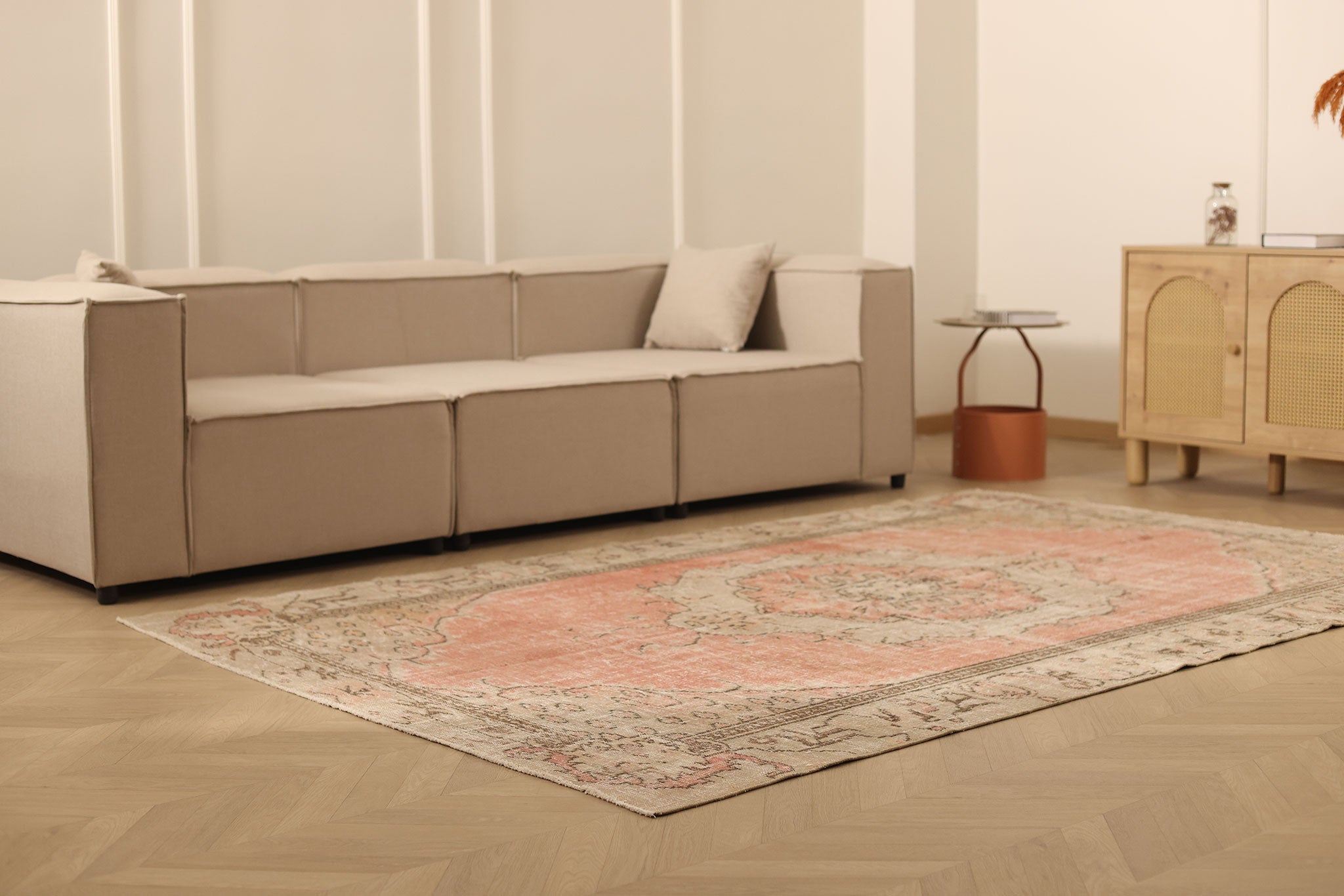 Vintage Manisa Turkish Area Rug 6x9 ft — Pink & Beige Floral
