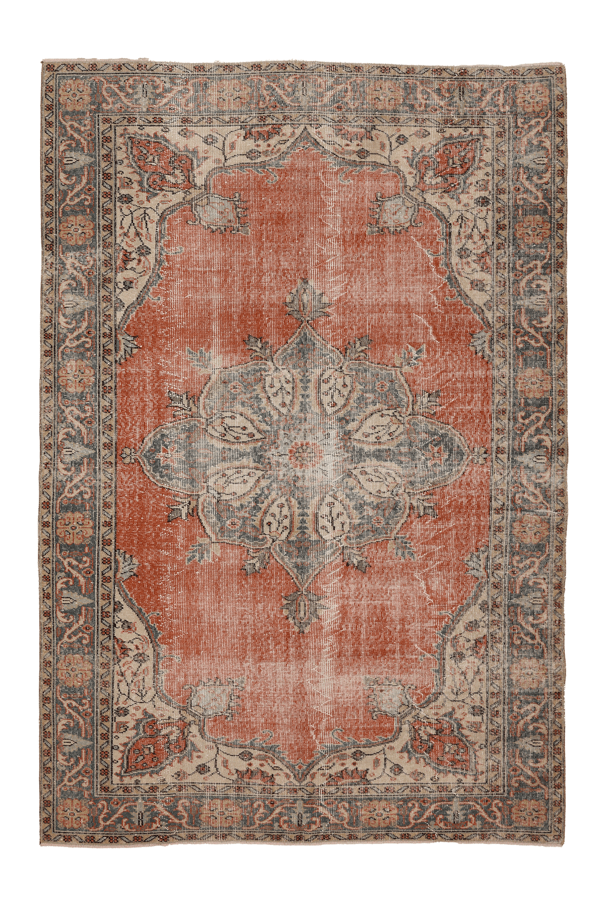 Vintage Isparta Turkish Area Rug 6x9 ft — Orange & Gray Floral