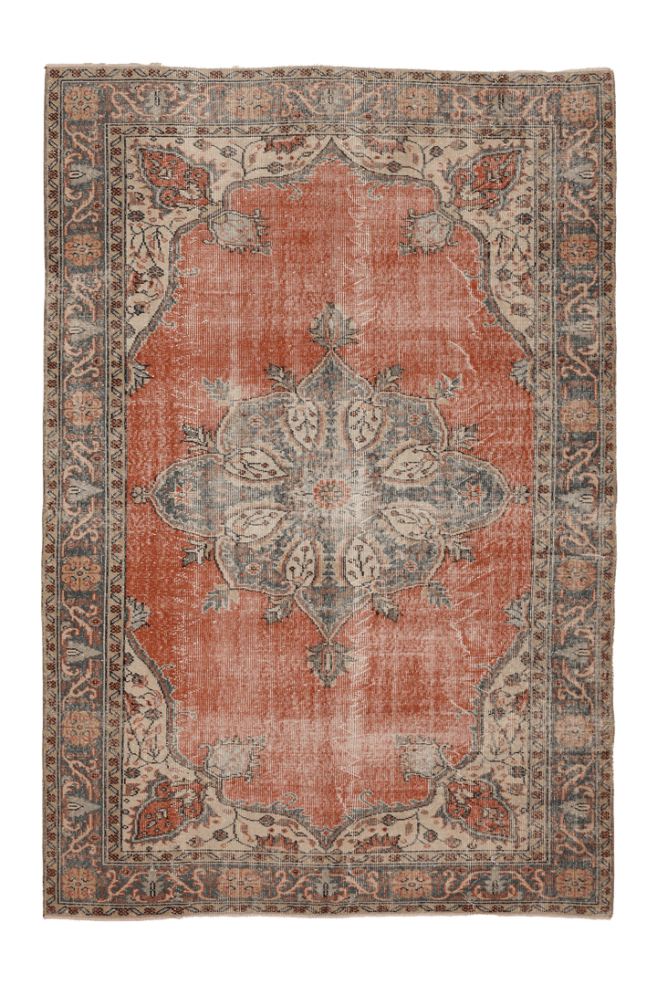 Vintage Isparta Turkish Area Rug 6x9 ft — Orange & Gray Floral