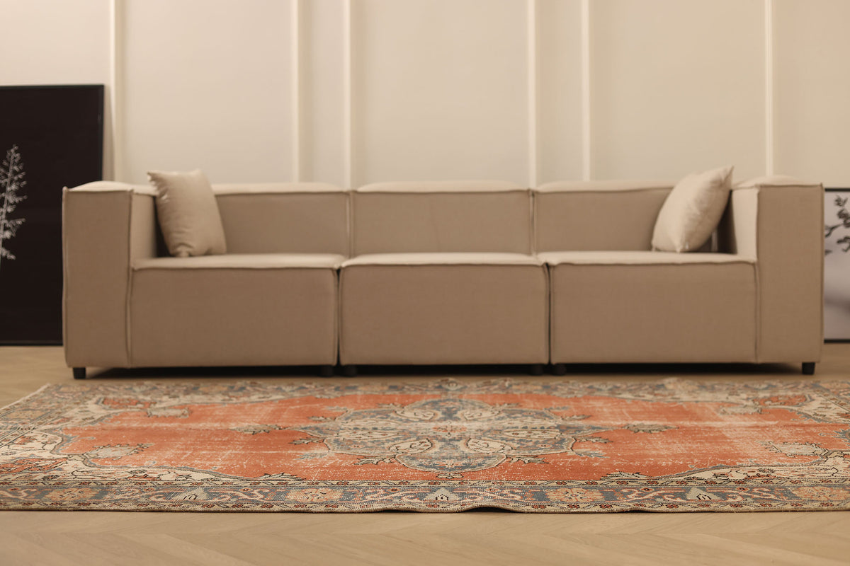 Vintage Isparta Turkish Area Rug 6x9 ft — Orange & Gray Floral