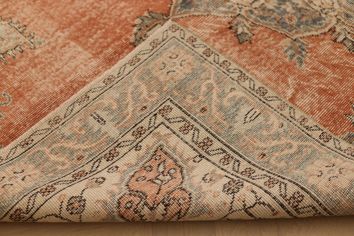 Vintage Isparta Turkish Area Rug 6x9 ft — Orange & Gray Floral