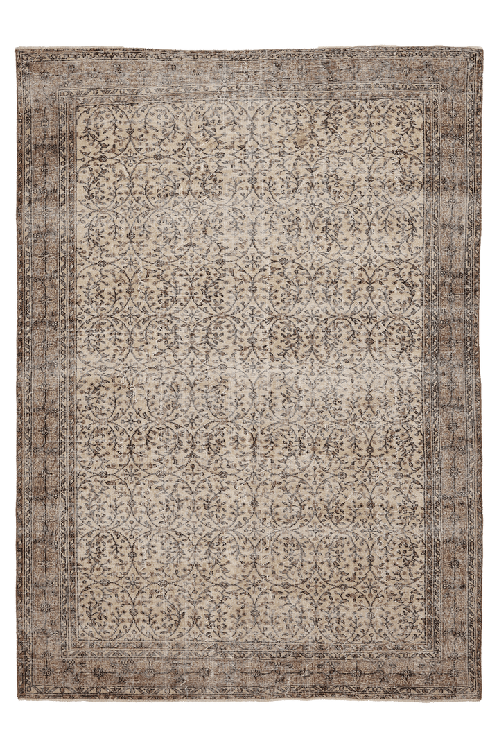 Vintage Isparta Turkish Area Rug 7x9 ft — Beige & Brown Floral