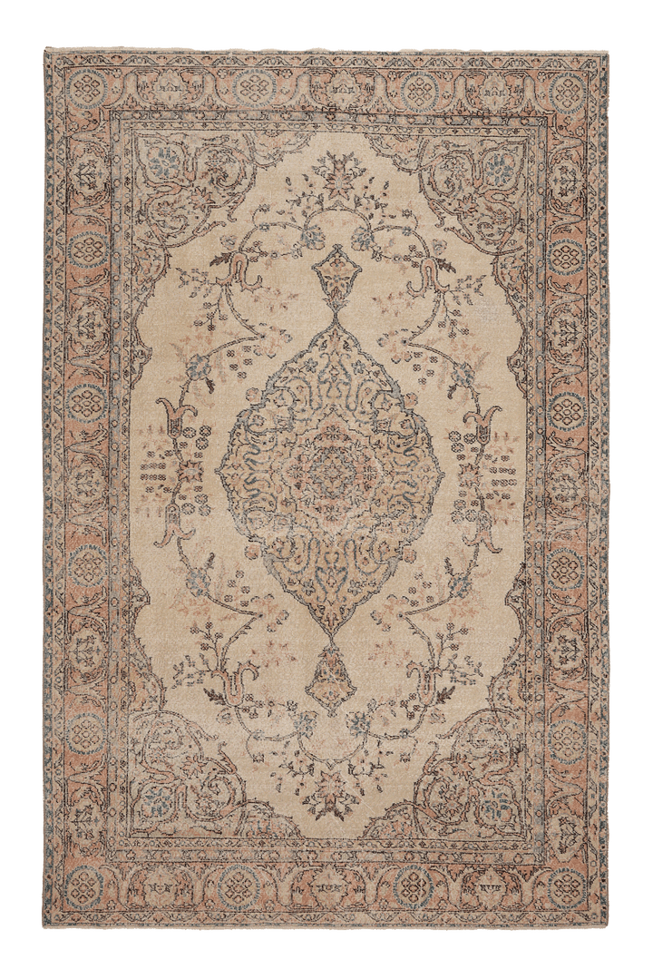 Vintage Isparta Turkish Area Rug 6x10 ft — Beige & Brown Floral (No. 59339)