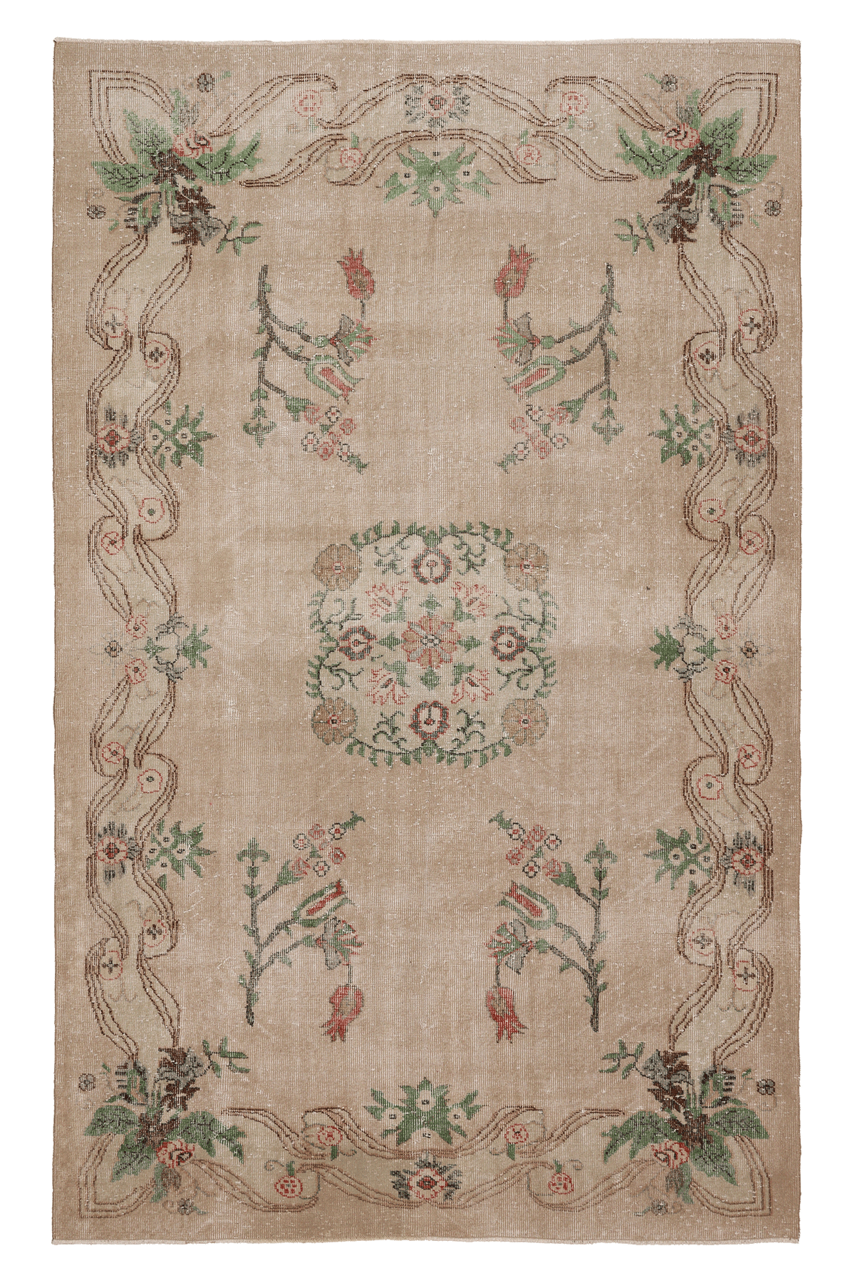 Vintage Isparta Turkish Area Rug 6x9 ft — Beige & Green Floral