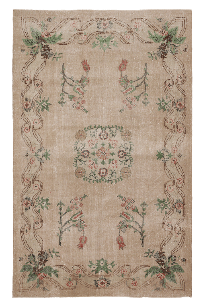 Vintage Isparta Turkish Area Rug 6x9 ft — Beige & Green Floral